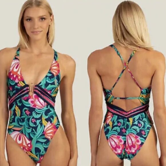 TRINA TURK - WOMEN'S 12 - MULTICOLOR NYLON BLEND CRISS CROSS BACK SWIMSUIT - Picture 1 of 10